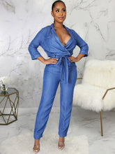 Denim Print Slim Fit Belted Jumpsuit